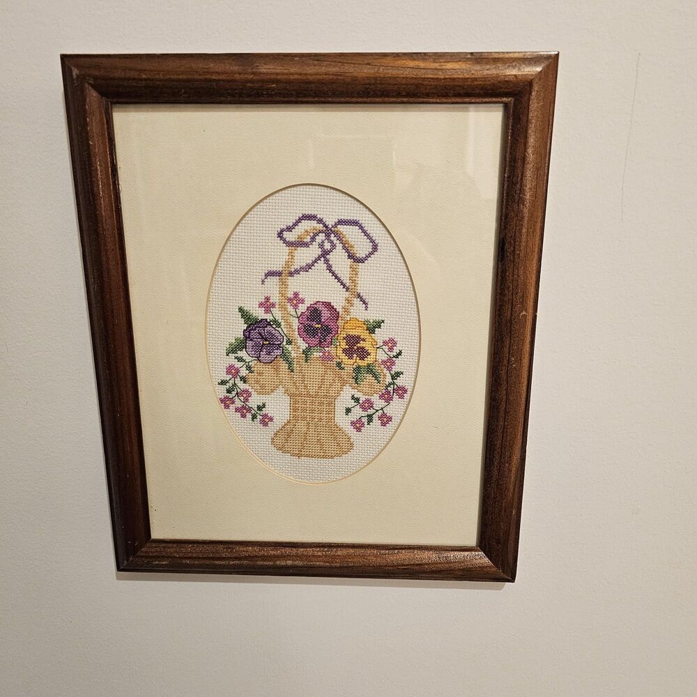 Vintage Floral Basket Cross Stitch Art - Wood Frame - Cottagecore Wall Decor